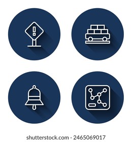 Set line Exclamation mark in square, Cargo train wagon, Train station bell and Railway map with long shadow. Blue circle button. Vector