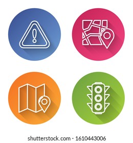 Set line Exclamation mark in triangle, Folded map with location marker, Folded map with location marker and Traffic light. Color circle button. Vector