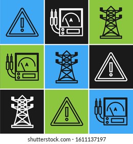 Set line Exclamation mark in triangle, High voltage power pole line and Ampere meter, multimeter, voltmeter icon. Vector