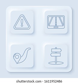 Set line Exclamation mark in triangle, Infographic of city map navigation, Route location and Road traffic sign. White square button. Vector