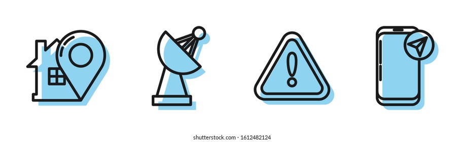 Set line Exclamation mark in triangle, Map pointer with house, Radar and Infographic of city map navigation icon. Vector