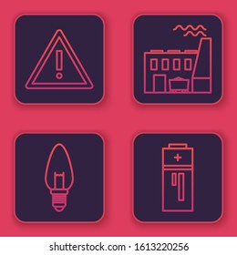 Set line Exclamation mark in triangle, Light bulb, Coal power plant and factory and Battery. Blue square button. Vector