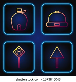 Set line Exclamation mark in triangle, Parking, Canteen water bottle and Beanie hat. Gradient color icons. Vector
