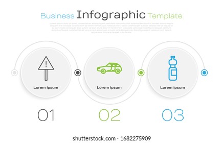 Set line Exclamation mark in triangle, Car and Bottle of water. Business infographic template. Vector