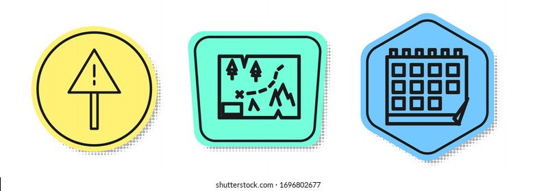 Set line Exclamation mark in triangle, Folded map with location and Calendar. Colored shapes. Vector