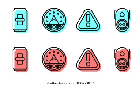 Set line Exclamation mark in triangle, Electric light switch, Ampere meter, multimeter, voltmeter and Electrical outlet icon. Vector