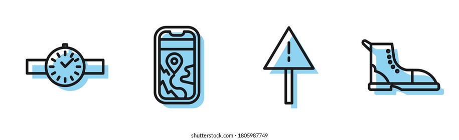 Set line Exclamation mark in triangle, Wrist watch, City map navigation and Hiking boot icon. Vector
