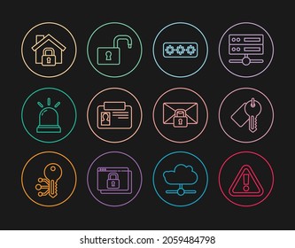Set line Exclamation mark in triangle, Marked key, Password protection, Identification badge, Motion sensor, House under, Mail message lock password and Open padlock icon. Vector