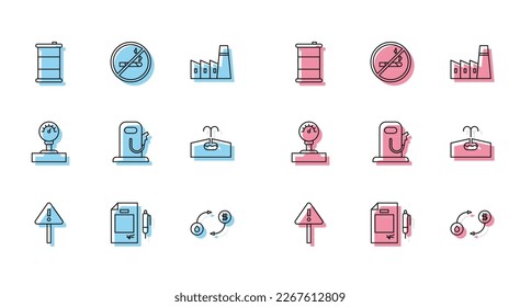 Set line Exclamation mark in triangle, Contract money and pen, Barrel oil, Oil exchange, Petrol or gas station, Oilfield, Gauge scale and No Smoking icon. Vector