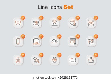 Set line Exclamation mark in triangle, Credit card, Computer vision, Eye scan, Network cloud connection, Motherboard, Browser window and Fantastic flying icon. Vector