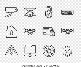 Set line Exclamation mark in triangle, Shield with check, Lock and, FTP folder, Security camera, Password protection, Safe and  icon. Vector