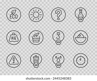 Set line Exclamation mark in triangle, Clock, Unknown search, Trash can, Leaf Eco symbol, Hand wash laundry, Water drop forbidden and Carton cardboard box icon. Vector