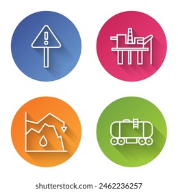 Set line Exclamation mark in triangle, Oil platform in the sea, Drop in crude oil price and Oil railway cistern. Color circle button. Vector