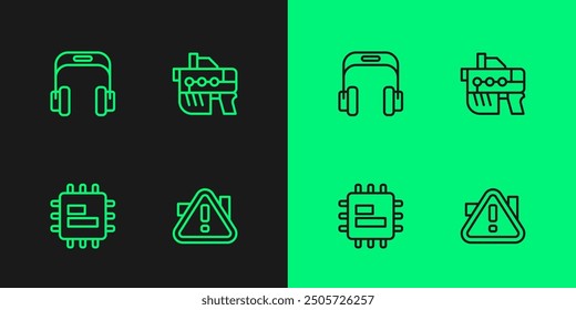 Set line Exclamation mark in triangle, Processor CPU, Headphones and Futuristic weapon icon. Vector