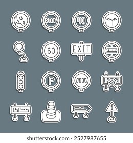 Set line Exclamation mark in triangle, Road barrier, Railroad crossing, Speed limit traffic, sign, warning rockfall and Fire exit icon. Vector