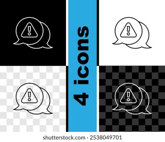 Set line Exclamation mark in triangle icon isolated on black and white, transparent background. Hazard warning sign, careful, attention, danger warning sign.  Vector