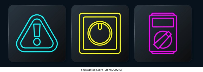 Set line Exclamation mark in triangle, Multimeter and Electric light switch. Black square button. Vector