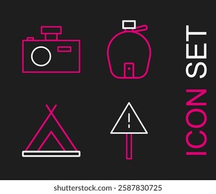 Set line Exclamation mark in triangle, Tourist tent, Canteen water bottle and Photo camera icon. Vector