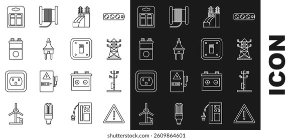Set line Exclamation mark in triangle, High voltage power pole line, Nuclear plant, Electric plug, Car battery, Battery pack and light switch icon. Vector
