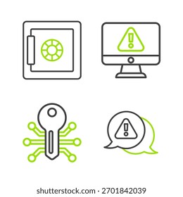 Establecer línea signo de exclamación en triángulo, tecla inteligente, Monitor con exclamación e icono seguro. Vector