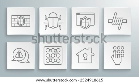 Set line Exclamation mark in triangle, System bug, Graphic password protection, House under, Password, Browser with shield, Barbed wire and Shield brick wall icon. Vector