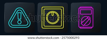 Set line Exclamation mark in triangle, Multimeter and Electric light switch. Black square button. Vector