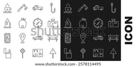 Set line Exclamation mark in triangle, Bench, Photo camera, Pickup truck, Canteen water bottle, Cup of tea with tea bag, Coffee cup and Compass icon. Vector