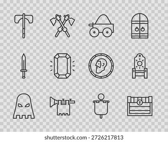 Máscara del verdugo, cofre del tesoro antiguo, Carrito de madera de cuatro ruedas, trompeta con bandera, hacha medieval, diamante e ícono del trono. Vector