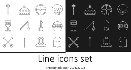 Set line Executioner mask, Medieval iron helmet, Round wooden shield, chained mace ball, goblet, Old key and King crown icon. Vector