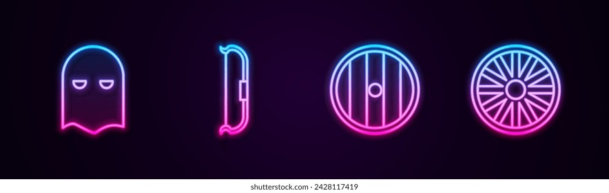 Set line Executioner mask, Medieval bow, Round wooden shield and Old wheel. Glowing neon icon. Vector