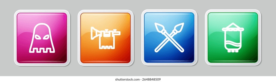 Set line Executioner mask, Trumpet with flag, Crossed medieval spears and Medieval. Colorful square button. Vector