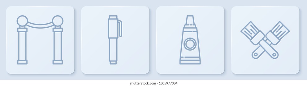 Set line Exhibition of paintings, Tube with paint palette, Pen and Crossed paint brush. White square button. Vector
