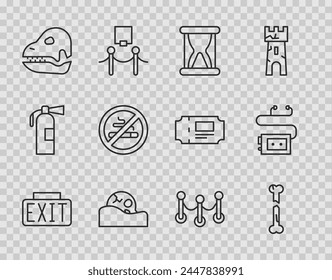Set line Exit sign, Human broken bone, Old hourglass with sand, skull, Dinosaur, No Smoking, Rope barrier and Museum audio guide icon. Vector