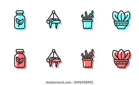 Set line Exotic tropical plant in pot, Fertilizer bottle, Plant hanging and  icon. Vector