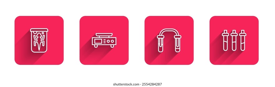 Set line Experimental animal, Electronic scales, Test tube and flask and Reagent bottle with long shadow. Red square button. Vector