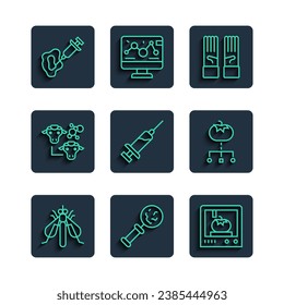 Set line Experimental insect, Microorganisms under magnifier, 3D printing technology, Medical rubber gloves, Syringe, Cloning,  and Genetically modified food icon. Vector