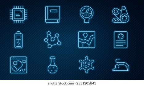Set line Experimental mouse, Patient record, Gauge scale, Chemical formula, Battery, Processor CPU, Graph chart infographic and Science book icon. Vector