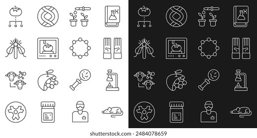 Set line Experimental mouse, Test tube flask on fire, Medical rubber gloves, Pipette and plant, 3D printing technology, insect, Genetically modified food and Chemical formula icon. Vector