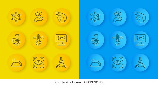 Set line Experimental mouse, Test tube with toxic liquid, Thermometer, Drawing compass, Genetic engineering, Virus, Earth globe and Atom icon. Vector