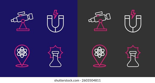 Set line Explosion in the flask, Atom, Magnet and Telescope icon. Vector