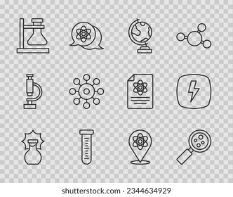 Set line Explosion in the flask, Microorganisms under magnifier, Earth globe, Test tube, stand, Virus, Atom and Lightning bolt icon. Vector