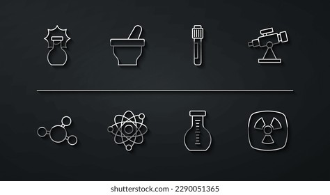 Set line Explosion in the flask, Molecule, Telescope, Test tube, Atom, Mortar and pestle, Radioactive and  icon. Vector