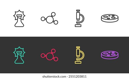 Set line Explosion in the flask, Molecule, Microscope and Petri dish with bacteria on black and white. Vector