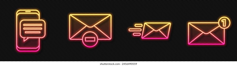 Set line Express envelope, Chat messages notification on phone, Delete envelope and Envelope. Glowing neon icon. Vector