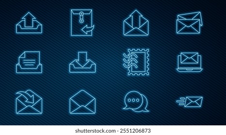 Set line Express envelope, Laptop with, Outgoing mail, Download inbox, Drawer document, Upload, Postal stamp and Envelope icon. Vector