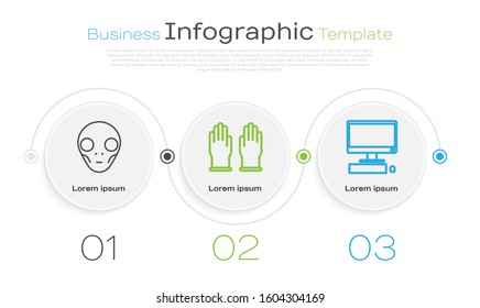 Set line Extraterrestrial alien face, Rubber gloves and Computer monitor with keyboard and mouse. Business infographic template. Vector