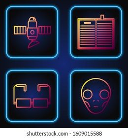 Set line Extraterrestrial alien face, Glasses, Satellite and Open science book. Gradient color icons. Vector