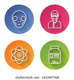 Set line Extraterrestrial alien face, Assistant, Atom and Medicine bottle and pills. Color circle button. Vector