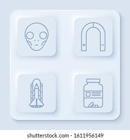 Set line Extraterrestrial alien face, Magnet, Space shuttle and rockets and Medicine bottle and pills. White square button. Vector