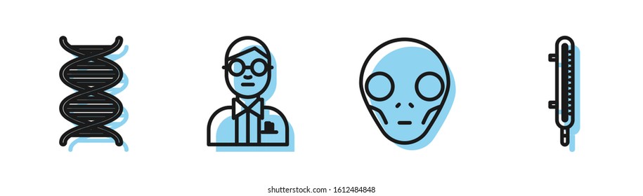 Set line Extraterrestrial alien face, DNA symbol, Scientist and Meteorology thermometer measuring icon. Vector